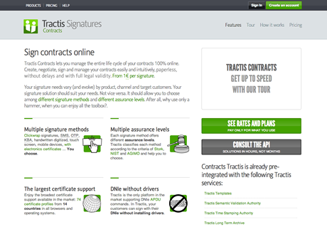Homepage of the Tractis Contracts website